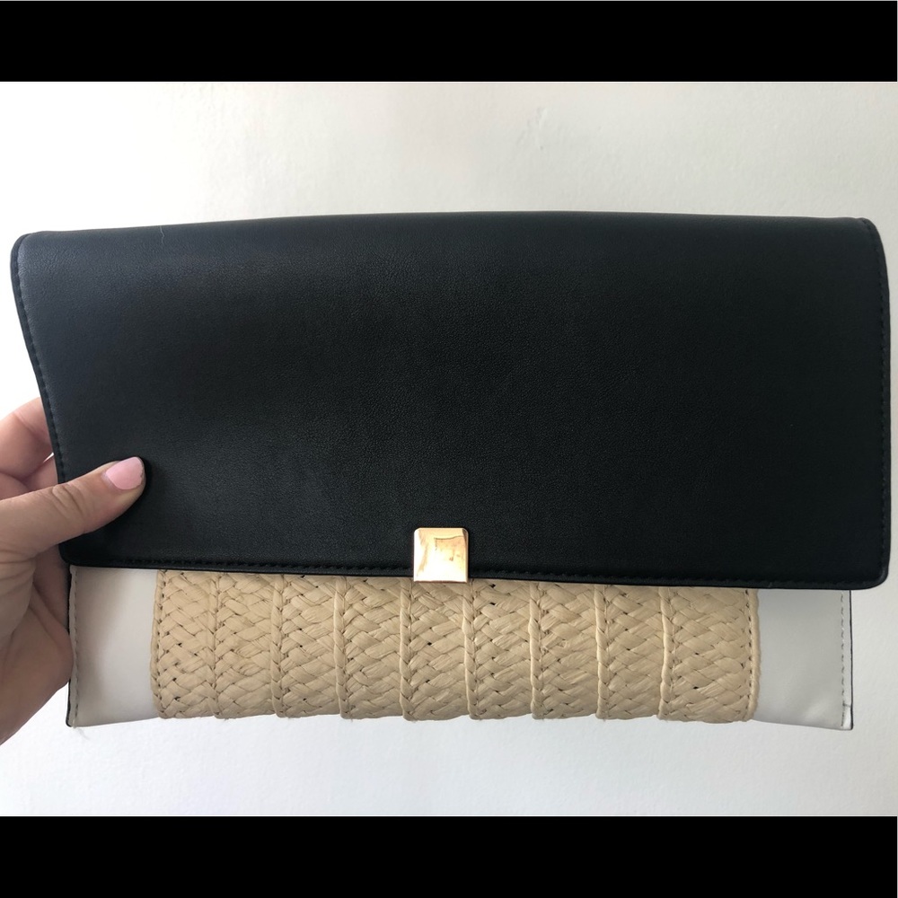 A New Day Black, Tan + White Overlay Clutch — NWOT